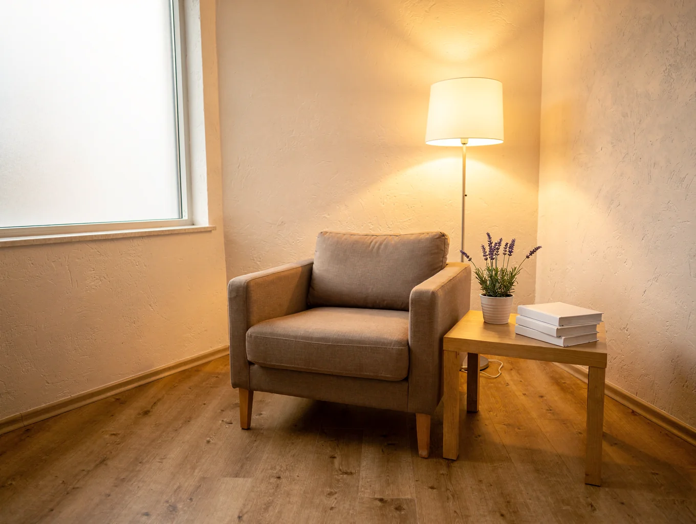 Calm, moody interior space designed for hypnotherapy and spiritual healing
