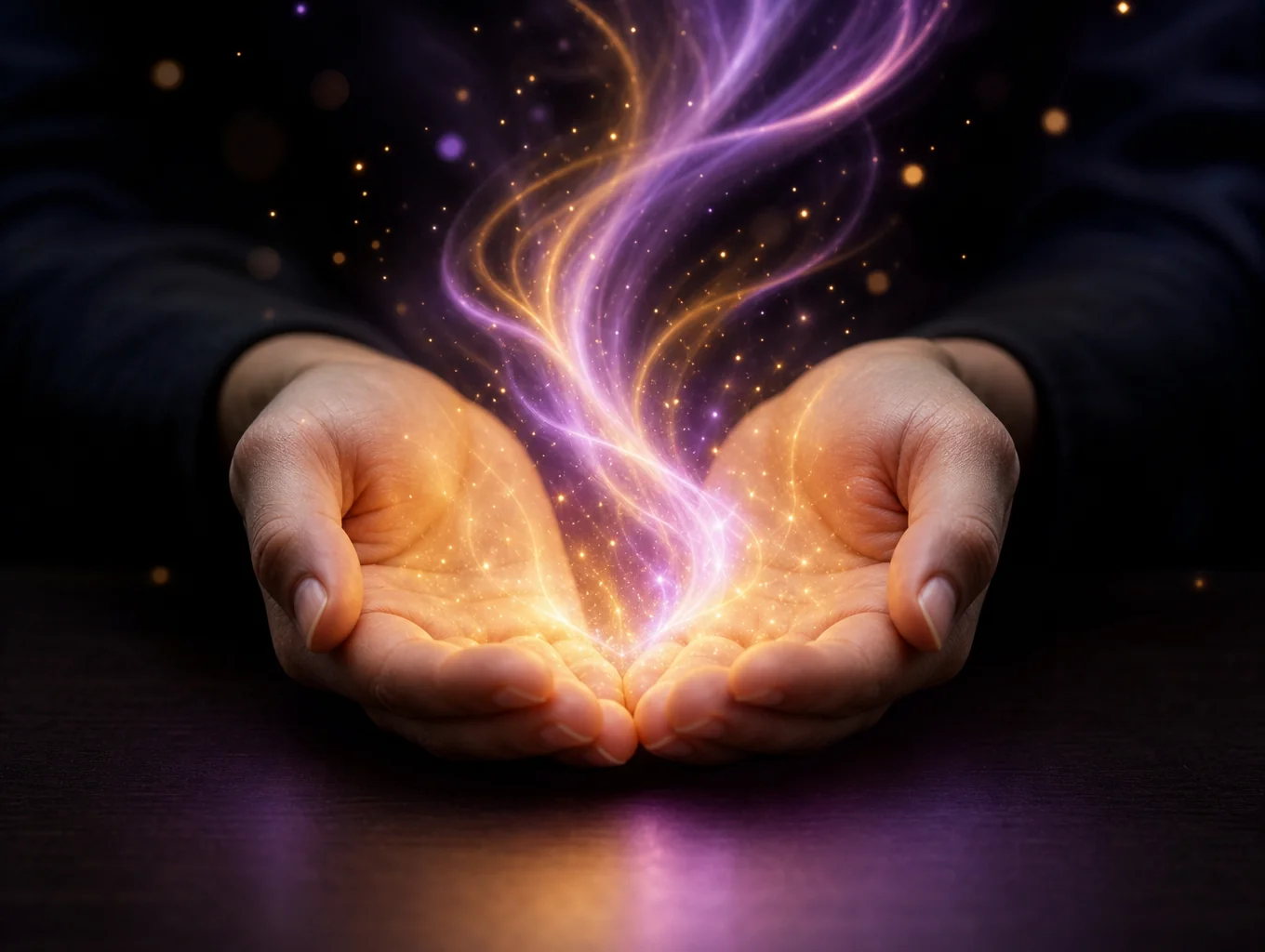 Soft focus image of hands held in a meditative gesture